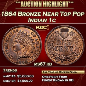 1864 Bronze Indian Cent Near Top Pop 1c ms67 rb SEGS