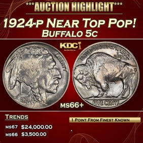 1924-p Buffalo Nickel Near Top Pop! 5c ms66+ SEGS