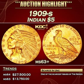 1909-s Gold Indian Half Eagle $5 ms63+ USCG