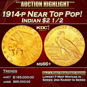 1914-p Gold Indian Quarter Eagle Near Top Pop! $2 1/2 ms66+ USCG
