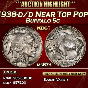 1938-d/d Buffalo Nickel Near Top Pop 5c ms67+ SEGS