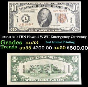 1934A $10 FRN Hawaii WWII Emergency Currency Grades Select AU