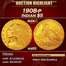1908-p Gold Indian Half Eagle $5 ms65 USCG