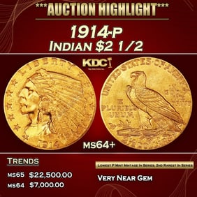 1914-p Gold Indian Quarter Eagle $2 1/2 ms64+ SEGS