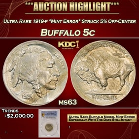 PCGS Ultra Rare 1919-p *Mint Error* Struck 5% Off-Center Buffalo Nickel 5c ms63 PCGS