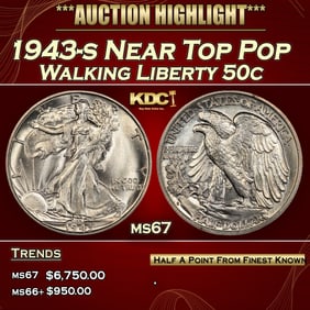 1943-s Walking Liberty Half Dollar Near Top Pop 50c ms67 SEGS