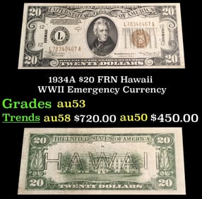 1934A $20 FRN Hawaii WWII Emergency Currency Grades Select AU