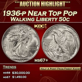 1936-p Walking Liberty Half Dollar Near Top Pop 50c ms67+ SEGS