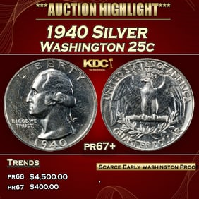 1940 Proof Washington Quarter Silver 25c pr67+ SEGS