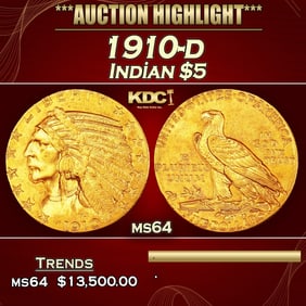 1910-d Gold Indian Half Eagle $5 ms64 USCG