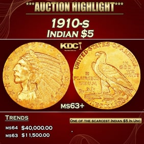 1910-s Gold Indian Half Eagle $5 ms63+ SEGS