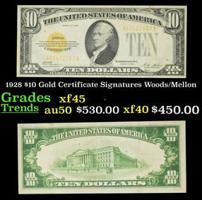1928 $10 Gold Certificate Grades xf+