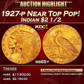 1927-p Gold Indian Quarter Eagle Near Top Pop! $2 1/2 ms65+ SEGS