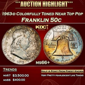 1963-d Franklin Half Dollar Colorfully Toned Near Top Pop 50c ms66+ SEGS