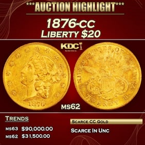 1876-cc Gold Liberty Double Eagle $20 ms62 USCG