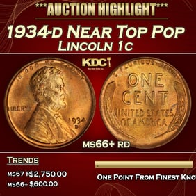 1934-d Lincoln Cent Near Top Pop 1c ms66+ rd SEGS