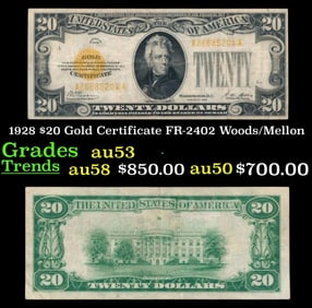 1928 $20 Gold Certificate FR-2402 Woods/Mellon Grades Select AU