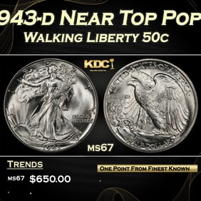 1943-d Walking Liberty Half Dollar Near Top Pop 50c ms67 SEGS