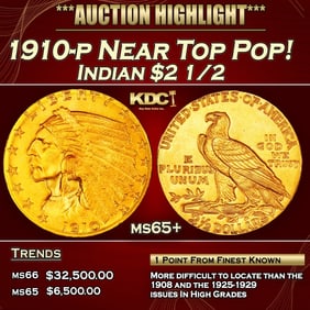 1910-p Gold Indian Quarter Eagle Near Top Pop! $2 1/2 ms65+ SEGS