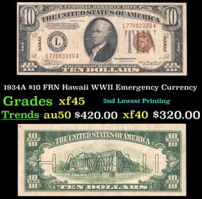 1934A $10 FRN Hawaii WWII Emergency Currency Grades xf+