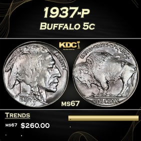 1937-p Buffalo Nickel 5c ms67 SEGS