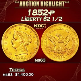 1852-p Gold Liberty Quarter Eagle $2 1/2 ms63 USCG