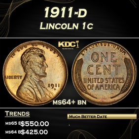 1911-d Lincoln Cent 1c Grades ms64+ bn