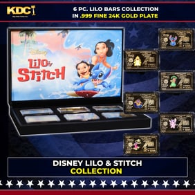 6 PC. Disney Lilo & Stitch Gold Plated Art Bar Collection In Custom Box W/ Special Backer card
