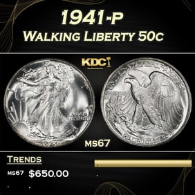 1941-p Walking Liberty Half Dollar 50c ms67 SEGS
