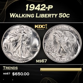 1942-p Walking Liberty Half Dollar 50c ms67 SEGS