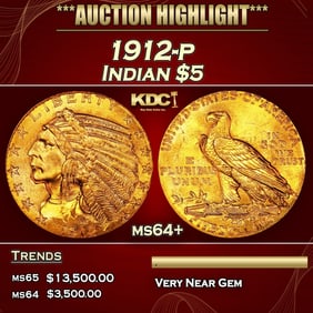 1912-p Gold Indian Half Eagle $5 ms64+ USCG