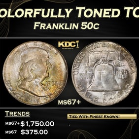 1956-p Franklin Half Dollar Colorfully Toned TOP POP! 50c ms67+ SEGS