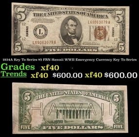 1934A $5 FRN Hawaii WWII Emergency Currency Grades xf