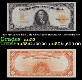 1907 Teehee/Burke $10 Large Size Gold Certificate Grades Select AU