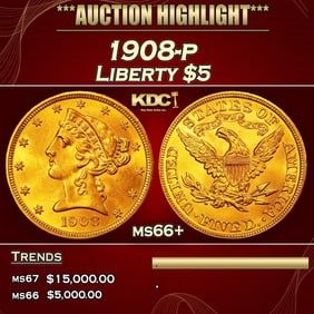 1908-p Gold Liberty Half Eagle $5 ms66+ SEGS