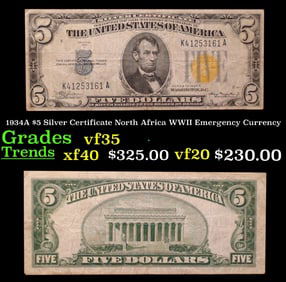 1934A $5 Silver Certificate North Africa WWII Emergency Currency Grades vf++