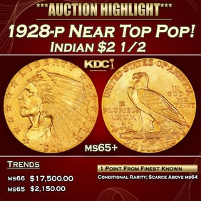 1928-p Gold Indian Quarter Eagle Near Top Pop! $2 1/2 ms65+ SEGS