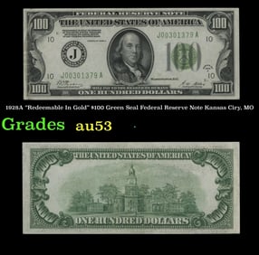 1928A $100 Green Seal Federal Reserve Note Kansas Ciry, MO Grades Select AU
