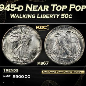 1945-d Walking Liberty Half Dollar Near Top Pop 50c ms67 SEGS