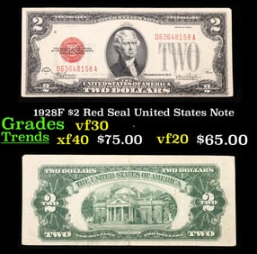 1928F $2 Red Seal United States Note Grades vf++