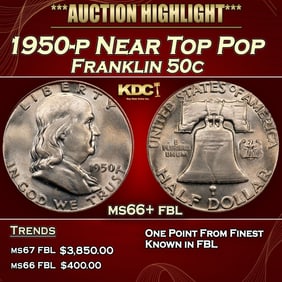 1950-p Franklin Half Dollar Near Top Pop 50c ms66+ fbl SEGS