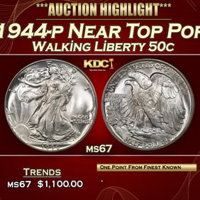 1944-p Walking Liberty Half Dollar Near Top Pop 50c ms67 SEGS