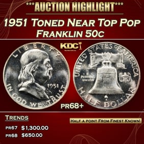 1951 Proof Franklin Half Dollar Toned Near Top Pop 50c pr68+ SEGS