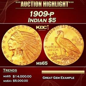 1909-p Gold Indian Half Eagle $5 ms65 USCG