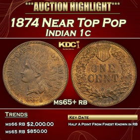 1874 Indian Cent Near Top Pop 1c ms65+ rb SEGS