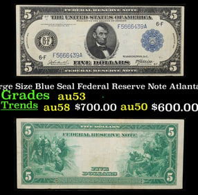 1914 $5 Large Size Blue Seal Federal Reserve Note Atlanta, GA Grades Select AU FR-866