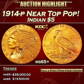 1914-p Gold Indian Half Eagle Near Top Pop! $5 ms65+ USCG
