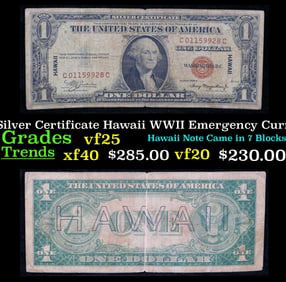 1935A $1 Silver Certificate Hawaii WWII Emergency Currency Rare CC Block Grades vf+