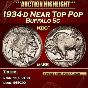 1934-d Buffalo Nickel Near Top Pop 5c ms66 SEGS