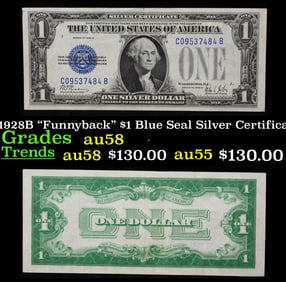 1928B $1 Blue Seal Silver Certificate "Funnyback" Grades Choice AU/BU Slider